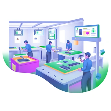 A spacious Samsung factory interior featuring multiple assembly lines. Workers in blue uniforms are focused on assembling high-tech devices, each person working meticulously with tools and components. In the background, large screens display the production process and various device models. Bright, overhead lights illuminate the area, creating a vibrant atmosphere. Toolboxes and equipment are neatly organized along the sides of the assembly lines. The factory is bustling with activity, showcasing a modern, efficient workspace.
