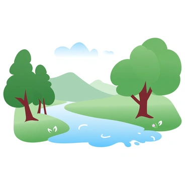 A calm river is flowing through a lush green valley. The water reflects the soft gradient pastel colors of the sky above. Tall trees with vibrant green leaves line the riverbanks, providing shade and forming a natural border. Gentle hills rise on either side of the valley, covered in a carpet of grass and wildflowers. The scene conveys a sense of peacefulness and harmony with nature.