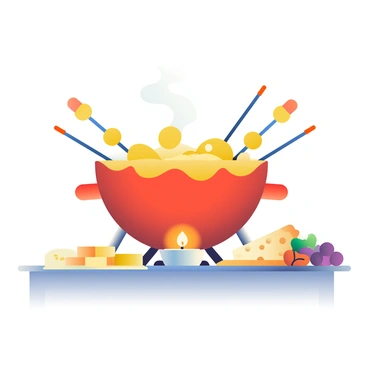 A red fondue pot filled with melted cheese is positioned on a wooden table. The cheese is bubbling gently, creating small, frothy bubbles on the surface. A small flame from a tealight candle underneath the pot is providing warmth, casting a soft glow around the pot. Surrounding the pot are several skewers with pieces of bread, ready to be dipped into the gooey cheese. A rustic cheese board lies nearby, adorned with various cheese wedges and accompaniments like grapes and nuts.