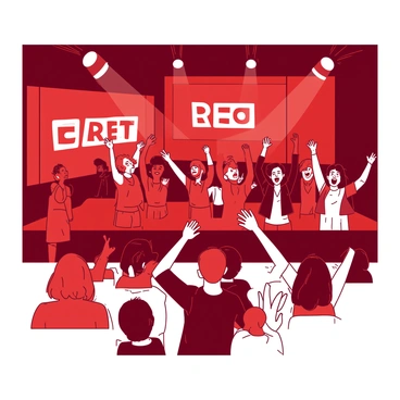 A red television studio filled with a diverse audience. The audience is made up of individuals of various ethnicities and ages, all cheering enthusiastically. Some audience members are standing, raising their hands in excitement, while others are seated with smiles on their faces. In the background, bright studio lights illuminate the scene, casting shadows on the vibrant red walls. A large screen displays the logo of the show being filmed, adding to the lively atmosphere. The energy in the room is palpable as everyone expresses their support.
