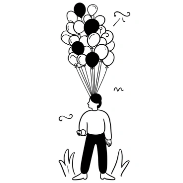 A person standing with their body facing slightly to the side, their head replaced by a cluster of colorful balloons. Each balloon is a different shape and size, floating above their head, with strings attached that flow downwards. The balloons are tightly packed, representing various worries. In the background, there are abstract shapes that suggest a sense of unease. The overall composition emphasizes the contrast between the person's body and the vibrant balloons above.