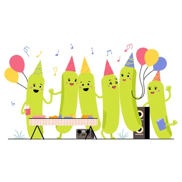 A group of cartoon-style celery sticks is gathered together in a vibrant scene, celebrating a lively party. Each celery stick has a smiling face and is dressed in colorful party hats. Bright balloons of various colors float around them, creating a festive atmosphere. A small stereo system is positioned nearby, with musical notes illustrated in the air, indicating that music is playing. Some celery sticks are dancing while others are chatting and enjoying treats laid out on a table, decorated with a checkered tablecloth. The overall scene is filled with joy and excitement, capturing the essence of a cheerful party.