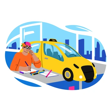 An artist seated at a desk is sketching a futuristic design for a "New York City taxi." The artist has short, colorful hair and is wearing glasses. The desk is cluttered with various pencils, markers, and sheets of paper. The futuristic taxi design features sleek lines, a vibrant yellow body, and large, oversized wheels. The taxi has unique features like glowing lights and a transparent roof. In the background, a large window reveals a bustling New York City skyline with towering skyscrapers and bright billboards.