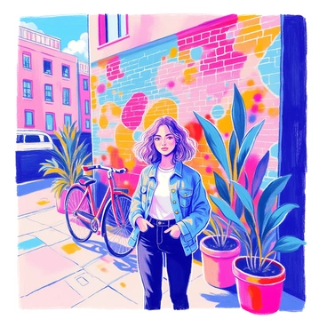 A woman stands in front of a colorful street graffiti mural on a brick wall. She has shoulder-length curly hair and is wearing a denim jacket over a white t-shirt and black jeans. The mural features bold colors and dynamic designs, including abstract shapes and vivid characters. There are thriving plants in pots nearby, and a bicycle leans against the wall. The scene is set in a bustling urban area with buildings and slightly cloudy skies in the background.