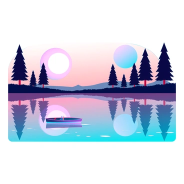 A tranquil lake reflecting the sun on one side and the moon on the other