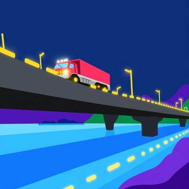 A large truck with its headlights brightly shining is crossing a long, illuminated bridge. The truck has a sturdy, colorful design and is positioned in the center of the bridge. The bridge is adorned with glowing lights that line the edges, highlighting its structure against the night sky. Below the bridge, a calm body of water reflects the illumination from both the bridge and the truck's headlights, creating a shimmering effect on the surface. The scene captures the dynamic motion of the truck as it travels across the expansive span.
