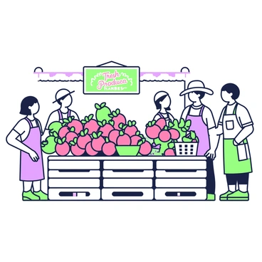 A bustling farmer's market stall is filled with an abundant display of dragon fruits. The stall is made of wooden crates, stacked neatly to showcase the fruits. Each dragon fruit has vibrant pink skin with green scales, arranged in clusters on the table. In front of the dragon fruits, there are small baskets holding fresh herbs, such as basil and mint. Behind the stall, a colorful banner hangs that reads "Fresh Produce." Nearby, there are customers admiring the fruits and discussing their options with the vendor, who is wearing a straw hat and an apron. The scene captures the lively atmosphere of a market day.