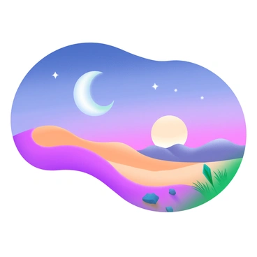 A modern pastel illustration depicting a "crescent moon" rising in the sky above a "tranquil desert landscape." The desert is characterized by gentle rolling dunes, their soft curves illuminated by the fading light of dusk. In the foreground, there are sparse patches of dry grass and scattered rocks. The sky transitions from deep blues to soft pinks and purples as the sun sets on the horizon, creating a serene atmosphere. Small stars begin to twinkle, accentuating the peacefulness of the scene.