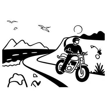 A biker on a motorcycle riding along a winding coastal road. The road curves alongside a rocky cliff, with waves crashing against the shore below. The sun is just rising above the horizon, casting light across the landscape. Silhouettes of distant mountains are visible against the sky. The biker wears a leather jacket and a helmet, with the motorcycle featuring sleek lines and details. A few seagulls soar above, and there are scattered rocks and greenery along the roadside.