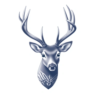 A tattoo design featuring the head of a deer. The deer's antlers are intricately detailed, with pointed tips and flowing lines that create a sense of movement. The face of the deer has defined features, including large eyes and a strong jawline. The design incorporates tribal patterns that weave around the head and antlers, adding complexity and depth to the overall look. The background is minimal to emphasize the tattoo's details and craftsmanship.