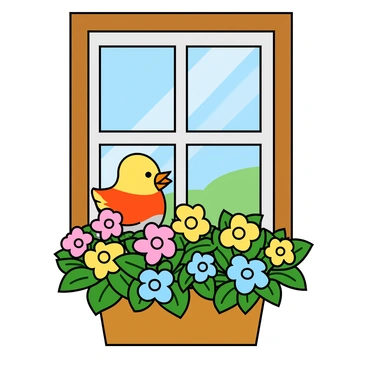 A small, colorful bird with bright feathers is peeking through a window. The bird has a round head and large, inquisitive eyes. The window itself is wooden with a white frame, and it is slightly ajar. Below the window, there is a flower box filled with vibrant, blooming flowers in shades of pink, yellow, and blue. The flowers have lush green leaves surrounding them. The scene captures the bird's attention as it leans forward, its tiny beak just inches from the window's edge. The sunlight streams through, illuminating the bird and the colorful flowers.