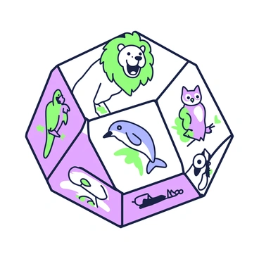 A six-sided die is shown, with each face featuring a different animal illustration. The top face displays a lion, captured mid-roar, with a detailed mane. The front face features a colorful parrot perched on a branch, showcasing its vibrant feathers. The left face shows a playful dolphin leaping out of the water, while the right face has a wise owl with large eyes. The bottom face reveals a happy elephant with its trunk raised, and the back face depicts a curious fox peeking out from behind a bush. Each animal is carefully outlined, making it distinct and clear.