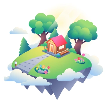 A serene floating island is suspended above the clouds, featuring a lush green landscape with vibrant flowers in full bloom. In the center of the island stands a cozy wooden cabin with a warm, inviting porch. Surrounding the cabin are tall trees with thick trunks and dense foliage providing shade. Soft, white clouds drift gently around the edges of the island, creating a dreamy atmosphere. A small garden with colorful plants and a stone pathway leads from the cabin into the vibrant scenery. Sunlight filters through the trees, casting dappled light on the ground.