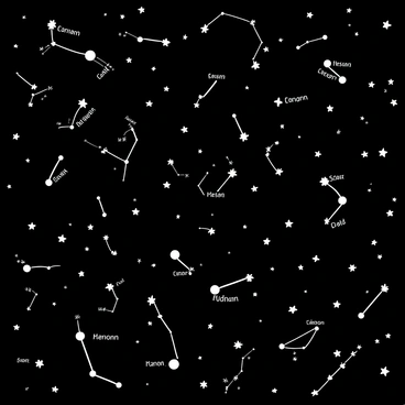 A black-and-white illustration of a vast night sky filled with numerous stars twinkling. Various constellations are intricately drawn and clearly labeled with their names. The stars vary in size to depict depth and distance, creating a sense of wonder. Some constellations are connected by thin lines to form recognizable shapes, while others are spread out freely. The overall arrangement of stars and constellations fills the entire space, inviting the viewer to explore the cosmos.
