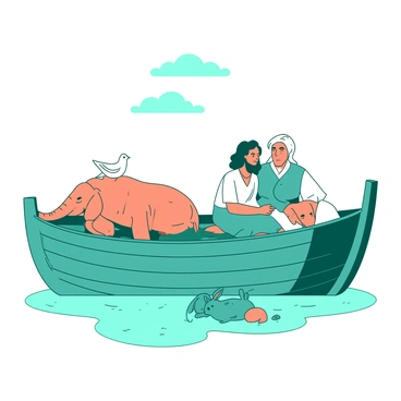 A teal wooden ship, resembling Noah's Ark, is gently floating on calm waters. On the deck, Noah's family, consisting of a man and a woman, are sitting comfortably in matching white outfits. They are enjoying the peaceful atmosphere. Surrounding them are various animals resting together; a white dove is perched on the shoulder of a tall man, while a pair of orange elephants are standing side by side, leaning against each other. A group of small teal rabbits is nestled at the feet of the woman. In the background, there are soft clouds in the sky, enhancing the tranquil scene above the ship.