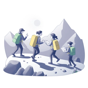 A group of cartoon adventurers is hiking up a mountain trail. Each adventurer is wearing a colorful backpack, with one carrying a large green backpack and another with a yellow one. The trail is lined with rocks and plants that add texture to the path. The adventurers are depicted in various poses: one is pointing ahead, another is checking a map, while a third is taking a drink. In the background, the towering mountain peaks rise sharply into the sky, creating a dramatic backdrop for the scene. The sun is shining brightly, casting playful shadows along the trail.