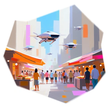 A bustling city center filled with people and tall buildings. Small flying robots, each with sleek, metallic bodies and propellers, are hovering through the air. Some of the robots are carrying colorful food packages, while others are transporting small goods in transparent containers. The streets below are bustling with pedestrians, and a few people are looking up in curiosity at the robots. There are market stalls and cafes lining the sidewalks, adding to the lively atmosphere of the scene. The sky is clear with a hint of blue, providing a vibrant backdrop to the activity.