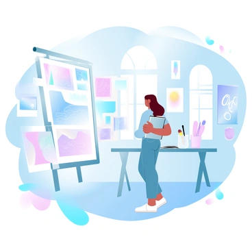 A client is standing inside an illustrator's studio, gazing at the various pieces of artwork displayed on the walls. The studio is filled with vibrant illustrations showcasing different styles and themes, with bright colors and intricate designs. The client is dressed in casual attire, holding a sketchbook under one arm. Sunlight streams through large windows, illuminating the space and highlighting the textures of the artworks. A few art supplies, such as brushes and paints, are scattered on a nearby table, giving the studio a creative atmosphere. The walls are adorned with framed illustrations and sketches, creating an inspiring environment for creativity.