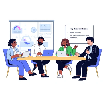 A conference room with a rectangular wooden table at the center. Around the table are four researchers engaged in a discussion. Each researcher is holding papers and a laptop. One researcher is a woman with short black hair wearing glasses and a light blue blouse. The second researcher is a man with a beard and a white shirt, taking notes. The third researcher is a woman with long brown hair wearing a green sweater, and the fourth researcher is a man with curly hair in a dark suit, making a point with his hands. The walls of the conference room are adorned with charts and graphs related to medical studies, and a large window lets in natural light. A whiteboard with key ethical considerations written in bullet points is positioned at the side.