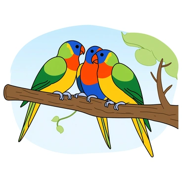 A group of three rainbow lorikeets perched on a sturdy tree branch. Each bird displays vibrant plumage, featuring a mix of bright green, deep blue, and rich orange feathers. The lorikeets are positioned closely together, with one bird leaning forward slightly, showcasing its colorful beak. The tree branch is thick and textured, with a few leaves sprouting from it. In the background, hints of soft greenery and a clear blue sky can be seen, creating a lively atmosphere.