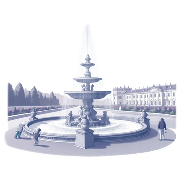 A large, ornate fountain with intricate sculptures and details at Peterhof Palace. The fountain features multiple tiers, with water spraying upward in a dazzling display. Surrounding the fountain are manicured gardens with neatly trimmed hedges and colorful flowers. Visitors can be seen admiring the fountain from various angles, with some taking photographs. The palace itself serves as a magnificent backdrop, showcasing its elegant architecture and grandeur.