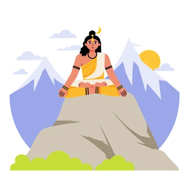 A depiction of "Lord Shiva" sitting cross-legged in a meditative pose, atop "Mount Kailash." The mountain is portrayed with rugged gray peaks and snow caps, set against a bright blue sky. Lord Shiva is depicted with long black hair and a crescent moon adorning his head, wearing simple orange and white clothing. His arms are resting on his knees, and a serene expression is on his face. In the background, there are wispy clouds and a distant sun radiating soft yellow light. The scene is enhanced with lush green patches of vegetation at the mountain's base, creating a harmonious contrast with the rocky terrain.