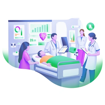 A modern pastel illustration of a busy hospital scene. In the foreground, a doctor is examining a patient on a hospital bed, while a nurse is taking notes on a clipboard. Several healthcare professionals are seen interacting with patients and each other in the background, creating a dynamic atmosphere. There are medical equipment like a heart monitor and IV stand visible, along with charts and graphs on the walls depicting economic data. The atmosphere is bustling with activity, showcasing the healthcare sector's contribution to GDP through visual representations of teamwork and care.