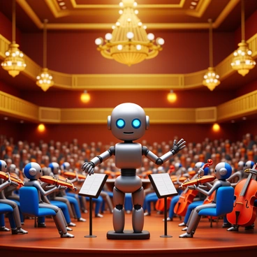 A robot with metallic features and glowing eyes is conducting an orchestra. The orchestra consists of robotic musicians playing various instruments such as violins, cellos, and trumpets. The grand concert hall is adorned with elegant chandeliers and polished wooden accents. The audience is seated in rows, captivated by the performance. The stage is illuminated with bright lights, highlighting the robot conductor and the robotic musicians.