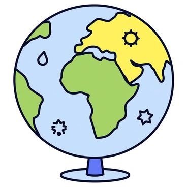 A globe depicting various climate zones across its surface. Each zone is represented by distinct colors, such as green for tropical climates, yellow for arid regions, and blue for polar areas. Small symbols are scattered across the globe to illustrate each climate type; for example, a sun symbol for deserts, a raindrop for rainforests, and a snowflake for tundra regions. The globe is resting on a simple, circular base.
