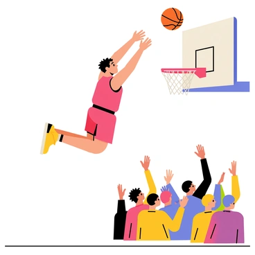 A basketball player in a red jersey is leaping through the air, reaching high towards the hoop for a slam dunk. The player's expression shows determination and excitement. Below, a crowd of fans in various colorful jerseys is cheering, some with their arms raised in excitement. Brightly colored banners and foam fingers are visible among the fans, adding to the energetic atmosphere of the moment. The basketball court is marked with clear lines and the hoop is detailed with a net hanging from it.