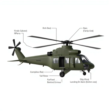 A detailed technical diagram of an NH90 helicopter. The helicopter is shown in a side view, showcasing its streamlined design. Each part of the helicopter is clearly labeled, including the rotor blades, cockpit, fuselage, engines, tail rotor, landing gear, and doors. The labels are in a clear, legible font, positioned close to each respective part. The diagram has a clean, professional layout, with a white background to enhance visibility.