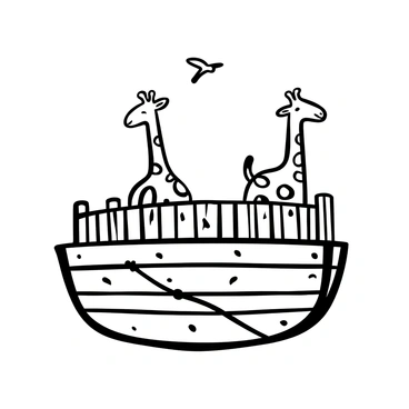 Two giraffes with long necks extending above the railing of the upper deck of an ark. Their bodies are partially visible below, surrounded by wooden planks of the deck. The giraffes are looking out, with one of them slightly leaning over the side. The structure of the ark is composed of large wooden beams, and there are ropes tied across the deck. A few birds can be seen flying in the background above the ark.