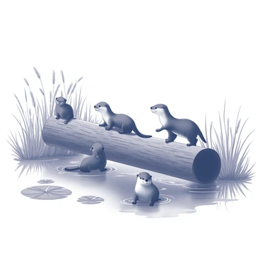 A family of otters is playing on a large log that is partially submerged in a marshy area. The scene captures several otters, with one otter balancing on the log while others are splashing in the water nearby. The log is textured with rough bark and is surrounded by tall grasses and reeds, adding a natural feel to the environment. In the background, there are small patches of water lilies floating on the surface of the water. The overall composition emphasizes the playful interactions of the otters in their habitat.