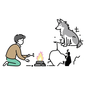 A gray wolf with sharp features and piercing eyes is sitting on a rocky outcrop, observing intently. The wolf's fur is a blend of gray and white, blending with the surrounding wilderness. Below, a human figure, dressed in a brown jacket and green pants, is kneeling near a pile of wood, striking flint to create sparks. The flames of a small fire begin to flicker to life, casting a warm glow in the twilight. The background features sparse trees and a hint of a dusky sky. The wolf appears vigilant, maintaining a safe distance while watching the scene unfold.