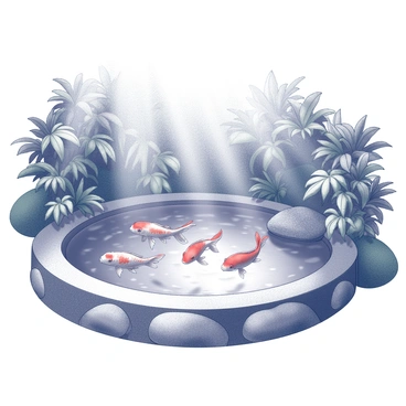 A koi pond is illustrated with several koi fish swimming gracefully just beneath the surface of the water. The pond is surrounded by lush, green foliage that creates a natural setting. Above the water, rays of sunlight penetrate through the dense leaves, casting patterns of light and shadow across the pond. The tranquil scene includes smooth stones lining the edge of the pond, and the water is clear, allowing for a view of the fish and aquatic plants below.