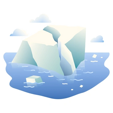 A vast iceberg is floating on a deep blue ocean. The iceberg is predominantly white with shades of light blue, and it has a dramatic crack running through its center, dividing it into two distinct sections. Sunlight is glinting off the icy surface, highlighting the textures and contours of the iceberg. Surrounding the iceberg, small waves are gently lapping at its base, and a few scattered ice chunks float nearby in the water. The sky above is clear with a few wispy clouds, creating a sense of openness and grandeur.