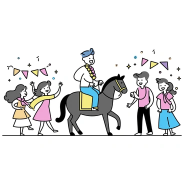 A groom riding a decorated horse, adorned with colorful fabrics and floral garlands. He is smiling widely, wearing a traditional outfit with intricate designs and a turban. Surrounding him are several friends dancing joyfully, wearing vibrant attire and holding colorful scarves. The procession is lively, with music instruments like drums visible among the dancers. Colorful banners and lights decorate the scene, enhancing the festive atmosphere.