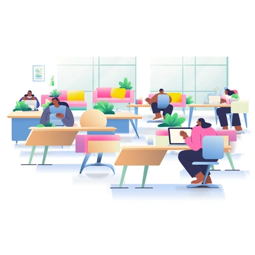 A modern office space features several adjustable desks arranged in a dynamic layout. Each desk has a sleek design with a light wood finish, and some are raised while others are lowered, showcasing the versatility for different working styles. In the background, there are comfortable lounge areas with bright, colorful furniture, including plush sofas and soft chairs. Green plants are placed throughout the office to enhance the atmosphere. Large windows allow natural light to fill the room, reflecting off the smooth, polished floor. Several employees are engaged in various tasks, collaborating and using laptops, adding to the lively environment.