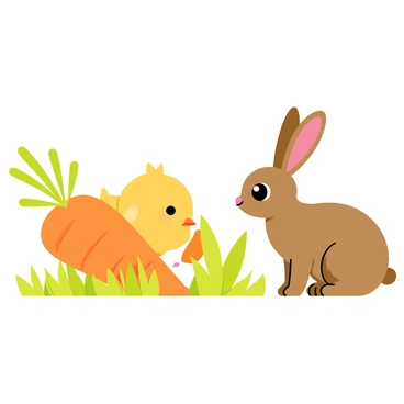 A small yellow chick with fluffy feathers is nibbling on a large orange carrot. The carrot is partly buried in green grass, with its vibrant green leaves sticking up. Nearby, a friendly brown rabbit with long ears and big, gentle eyes is watching the chick closely. The rabbit is sitting on its haunches, looking curious and attentive. Sunlight filters through the leaves of nearby plants, casting soft shadows on the ground.