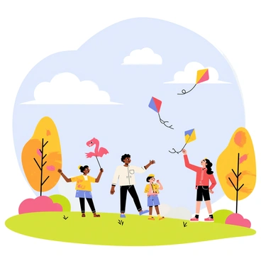 A picturesque open field with a clear blue sky adorned with fluffy white clouds. Several children of diverse backgrounds are joyfully flying colorful kites. One child is holding a bright red kite shaped like a dragon, while another child is managing a blue and yellow diamond-shaped kite. The autumn trees surrounding the field are displaying vibrant orange, yellow, and red leaves, gently swaying in the breeze. A few kites soar high in the sky, creating a lively scene filled with laughter and movement.