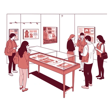 An exhibit showcasing the history of illustration features a variety of "vintage posters" and "drawings" displayed on white walls. The posters include intricate designs and bold typography, highlighting different artistic movements throughout the years. In the center of the room, there are wooden display tables showcasing "detailed sketches" and "hand-painted illustrations" under glass. The lighting is bright, illuminating each piece while casting soft shadows. Visitors can be seen admiring the artwork, engaging in discussions about the pieces. Some are taking notes in "notebooks," while others are capturing photos with "cameras."