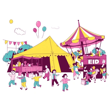 A yellow tent is set up at a busy Eid fair, filled with excited children enjoying various rides and games. Colorful balloons in the air are floating above groups of children laughing and running. A large, bright carousel spins in the background, with children riding on intricately designed horses. In one corner, a game booth displays prizes, with children eagerly throwing rings to win stuffed animals. The fair is decorated with vibrant banners and lights, creating an atmosphere of joy and celebration.
