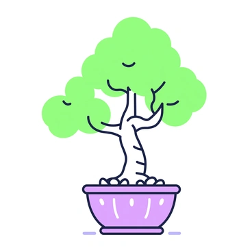 A carefully pruned bonsai tree sits in a decorative pot. The tree has a twisted trunk with intricate branches that showcase a lush green canopy of leaves. The pot is circular with ornate designs, featuring a smooth surface that complements the tree's shape. Small pebbles are arranged neatly in the pot's base around the roots, enhancing the overall appearance. A gentle shadow falls beneath the bonsai, providing a sense of depth to the scene.