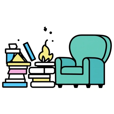 A cozy library corner featuring a plush armchair in deep green upholstery. Next to the chair, there is a small, elegant fireplace with a gentle flame flickering within. The surrounding area is filled with stacks of books, some neatly organized and others casually piled, showcasing a variety of colorful covers. A warm glow from the fireplace softly illuminates the space, creating an inviting atmosphere.