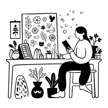 An artist is seated at a wooden table, intently working on a large sheet of paper filled with intricate botanical illustrations. The table is scattered with various photographs of plants, showcasing their details from different angles. The artist is using a fine-tipped ink pen to carefully outline the shapes and features of leaves and flowers, ensuring accuracy. A collection of watercolor paints is visible beside the artist, ready to add subtle textures to the illustrations. An open sketchbook is situated nearby, containing preliminary studies and notes on the plants. Various potted plants are arranged around the workspace, providing inspiration.