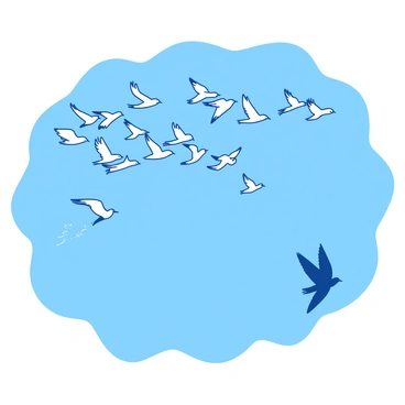 A blue sky is filled with a flock of birds flying together in a tight formation. Among them, one bird is flying in a different direction, creating a contrast in movement. The flock appears dynamic, with wings spread wide, showcasing various positions as they soar through the air. The bird that is separating from the group has its wings angled downward, emphasizing its distinct flight path.