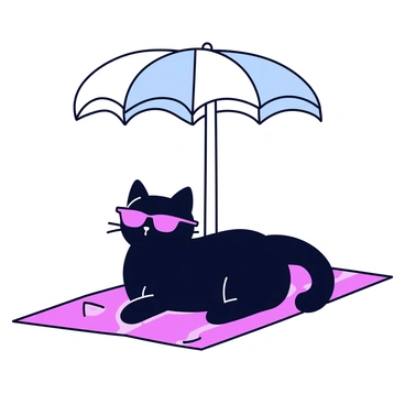 A cool cat with sleek black fur is wearing stylish sunglasses. The cat is sitting comfortably on a bright striped beach towel. Above the cat, there is a large sun umbrella providing shade. The scene conveys a relaxed beach atmosphere.