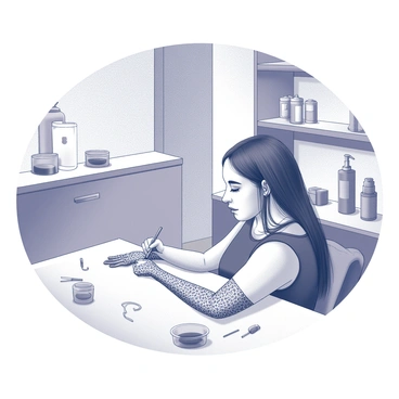 An artist is sitting at a table in a salon, focusing intently on a client's hands. The artist is using a fine applicator to create intricate traditional henna designs. The client's hands are resting on a clean, white cloth, showcasing the detailed patterns being drawn. Surrounding them are various tools and containers that hold different henna mixtures. The salon has shelves lined with beauty products and a warm, inviting atmosphere. The artist's concentration is evident as they carefully trace each line and curve of the design.