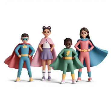 A group of four children, two boys and two girls, dressed in colorful superhero costumes. One boy is wearing a blue costume with a red cape and a mask, standing with hands on his hips. The other boy is in a green costume with a yellow lightning bolt emblem, striking a powerful pose. One girl is adorned in a pink costume with a purple cape, with a confident smile, while the other girl wears a bright red outfit with a flowing blue cape, looking fiercely determined. The capes are billowing in the wind, enhancing their heroic poses.