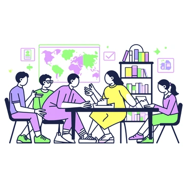 A lively classroom filled with students from different countries is engaged in exchanging educational experiences. In the center, a group of three students is gathered around a large table. One student from the left, wearing a blue shirt, is enthusiastically sharing notes with a student on the right, who is wearing a yellow dress. A student in the background, wearing glasses, is taking notes on a laptop. On the walls, colorful maps and educational posters depict various countries and cultures. A bookshelf filled with books in different languages is positioned against the back wall. Several students are seated at desks, actively participating in the discussion.